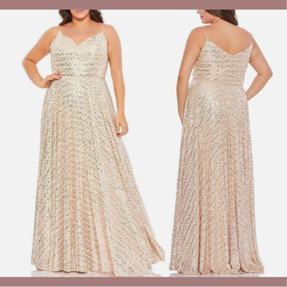 NWT $458 Mac Duggal [ PLUS 14W‎ ] Spaghetti Straps Sequin Gown in Champagne